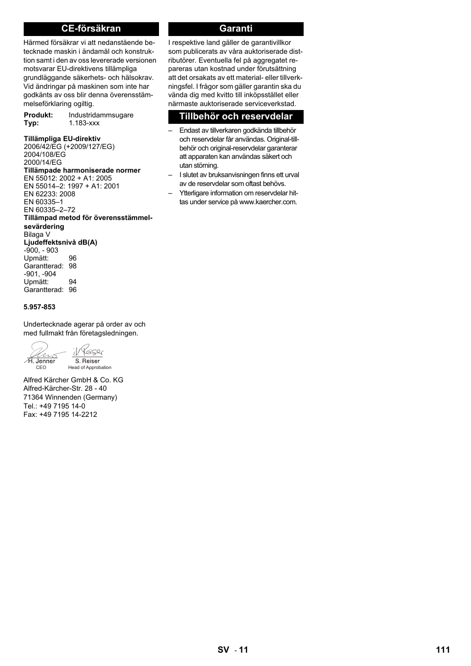 Ce-försäkran, Garanti tillbehör och reservdelar | Karcher IC 15-240 W Adv User Manual | Page 111 / 308