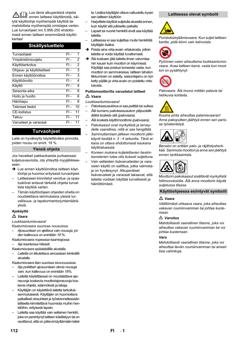 Suomi, Sisällysluettelo, Turvaohjeet | Karcher IC 15-240 W Adv User Manual | Page 112 / 308