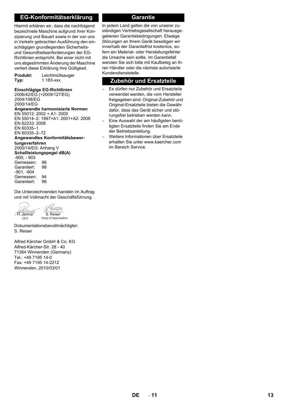 Eg-konformitätserklärung, Garantie, Zubehör und ersatzteile | Garantie zubehör und ersatzteile | Karcher IC 15-240 W Adv User Manual | Page 13 / 308