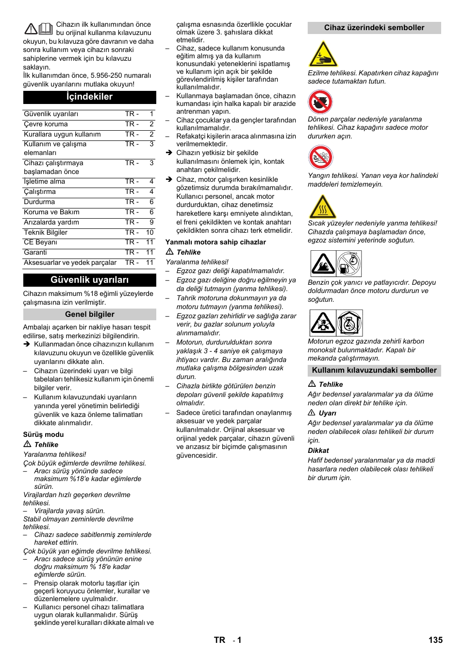 Türkçe, Içindekiler, Güvenlik uyarıları | Karcher IC 15-240 W Adv User Manual | Page 135 / 308