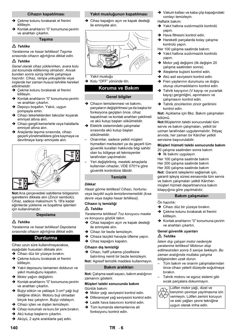 Durdurma, Koruma ve bakım | Karcher IC 15-240 W Adv User Manual | Page 140 / 308