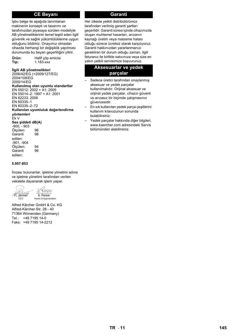 Ce beyanı, Garanti aksesuarlar ve yedek parçalar | Karcher IC 15-240 W Adv User Manual | Page 145 / 308