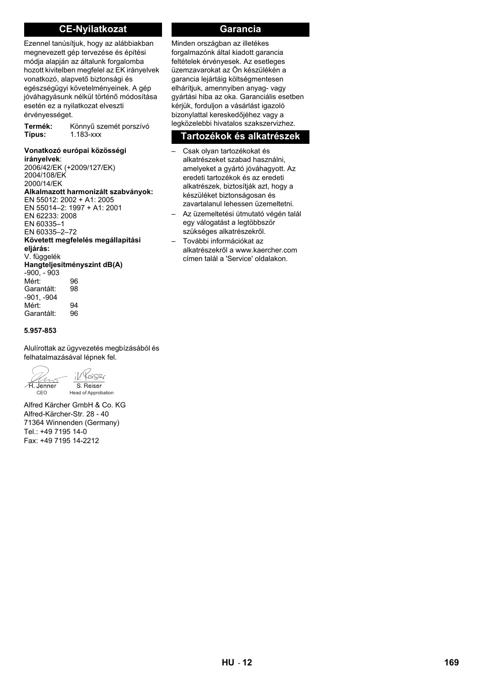 Ce-nyilatkozat, Garancia tartozékok és alkatrészek | Karcher IC 15-240 W Adv User Manual | Page 169 / 308