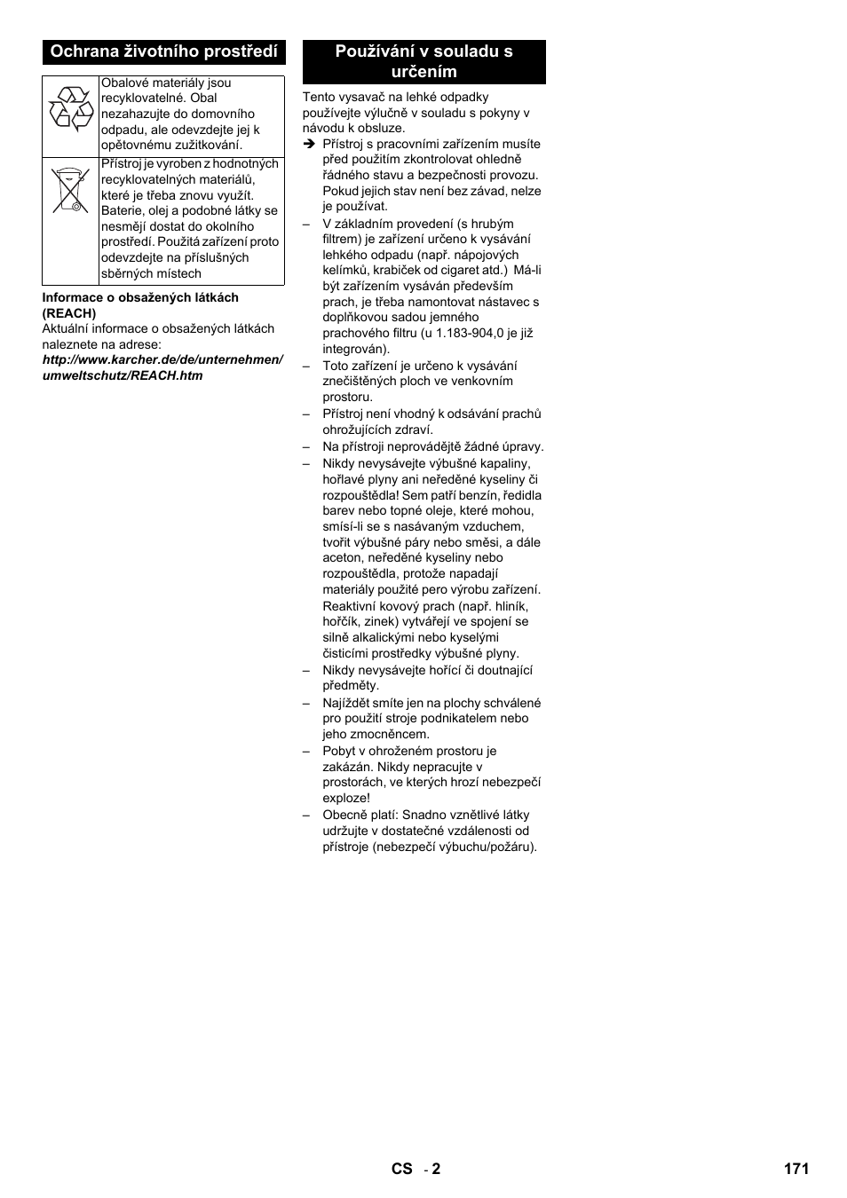 Ochrana životního prostředí, Používání v souladu s určením | Karcher IC 15-240 W Adv User Manual | Page 171 / 308