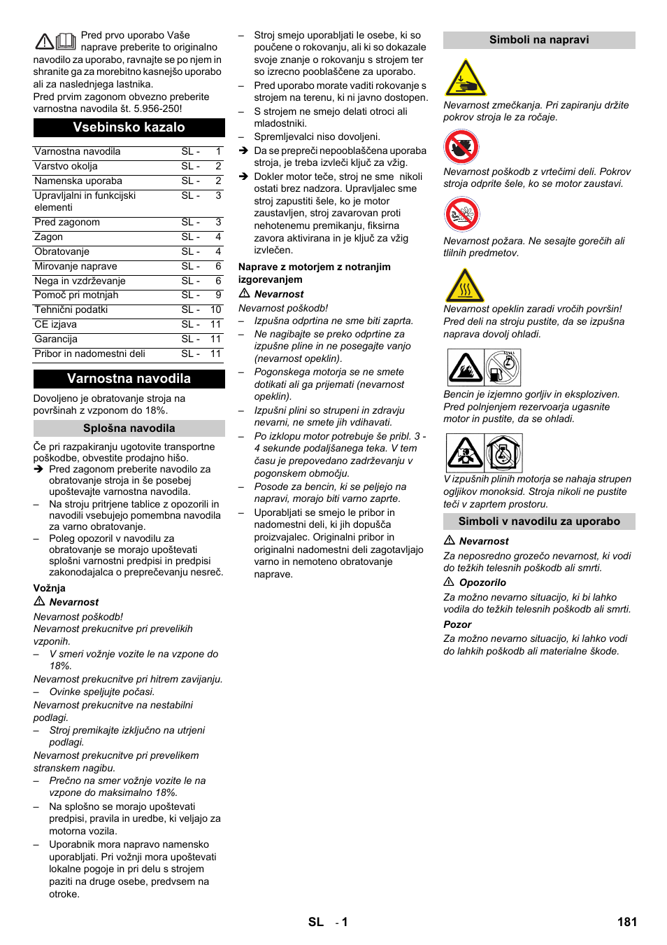 Slovenščina, Vsebinsko kazalo, Varnostna navodila | Karcher IC 15-240 W Adv User Manual | Page 181 / 308