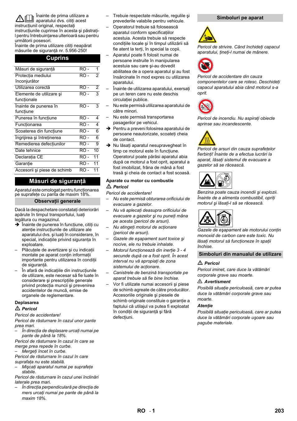 Româneşte, Cuprins, Măsuri de siguranţă | Karcher IC 15-240 W Adv User Manual | Page 203 / 308