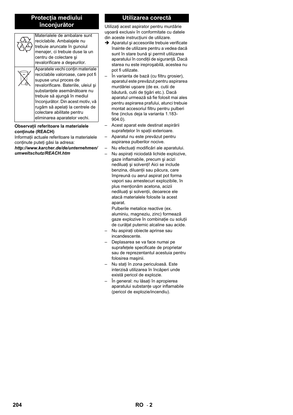 Protecţia mediului înconjurător, Utilizarea corectă | Karcher IC 15-240 W Adv User Manual | Page 204 / 308