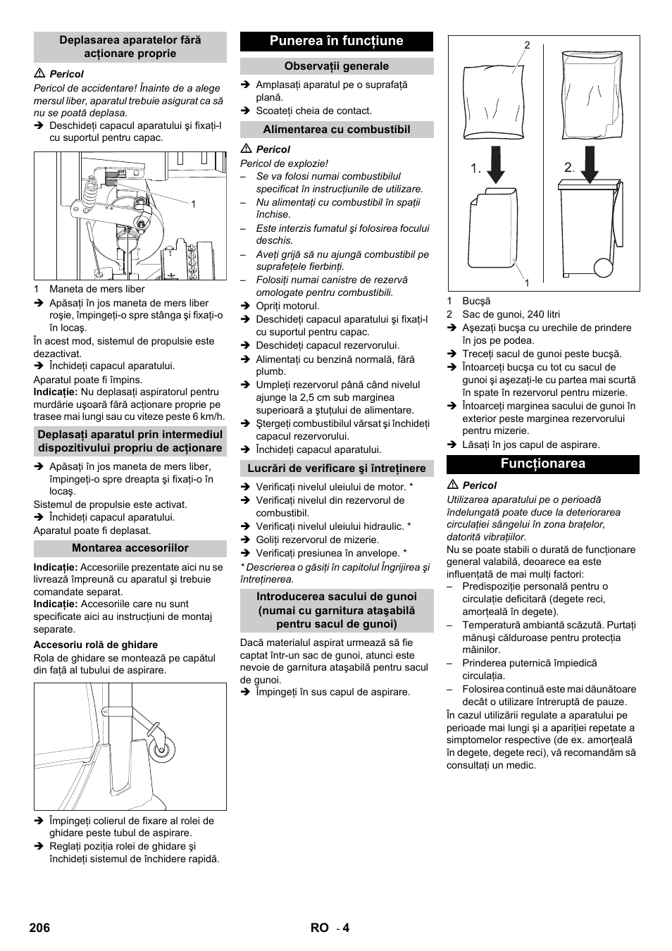 Punerea în funcţiune, Funcţionarea | Karcher IC 15-240 W Adv User Manual | Page 206 / 308