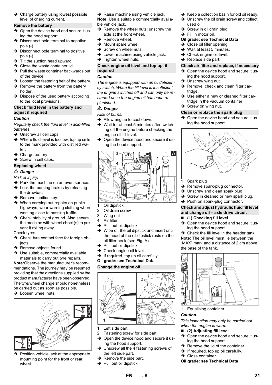 Remove the battery, Replacing wheel, Check engine oil level and top up, if required | Change the engine oil, Check air filter and replace, if necessary, Clean or replace the spark plug | Karcher IC 15-240 W Adv User Manual | Page 21 / 308