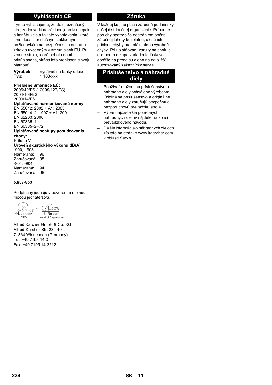 Vyhlásenie ce, Záruka príslušenstvo a náhradné diely | Karcher IC 15-240 W Adv User Manual | Page 224 / 308