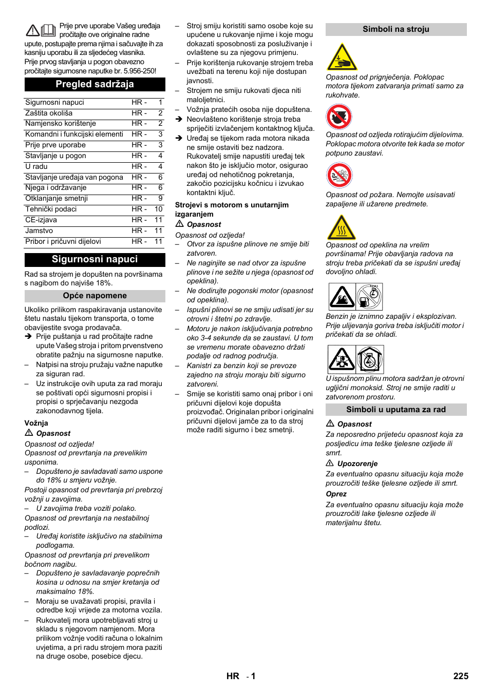 Hrvatski, Pregled sadržaja, Sigurnosni napuci | Karcher IC 15-240 W Adv User Manual | Page 225 / 308