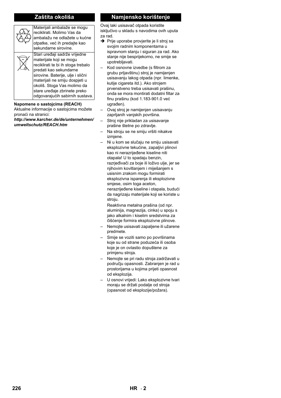 Zaštita okoliša, Namjensko korištenje | Karcher IC 15-240 W Adv User Manual | Page 226 / 308