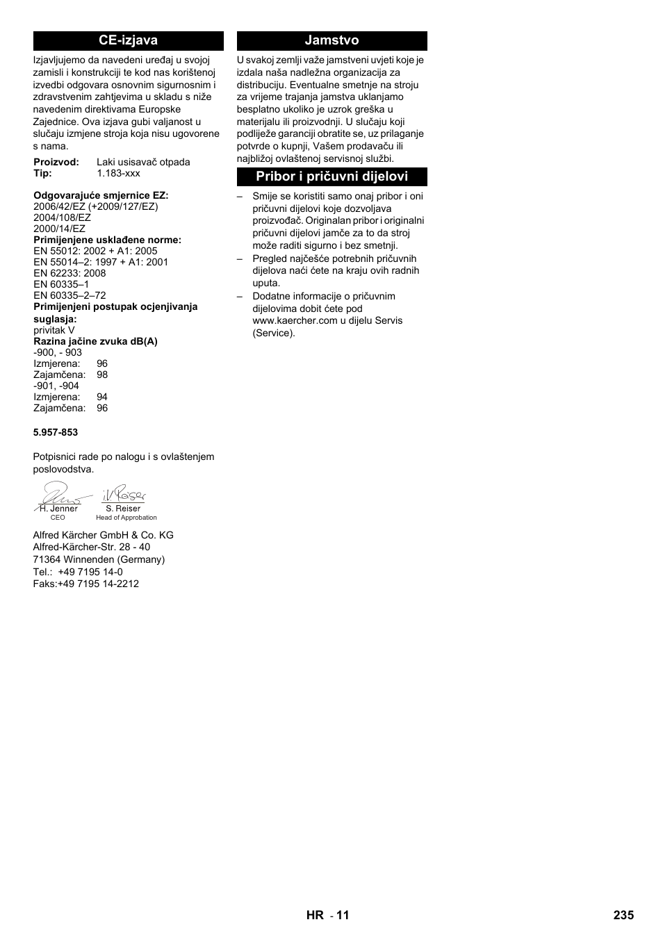 Ce-izjava, Jamstvo pribor i pričuvni dijelovi | Karcher IC 15-240 W Adv User Manual | Page 235 / 308