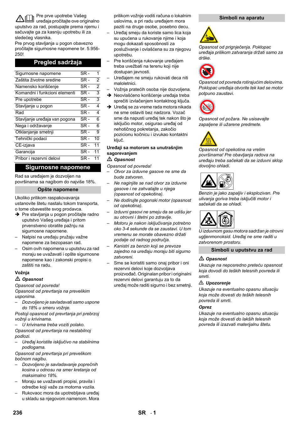Srpski, Pregled sadržaja, Sigurnosne napomene | Karcher IC 15-240 W Adv User Manual | Page 236 / 308