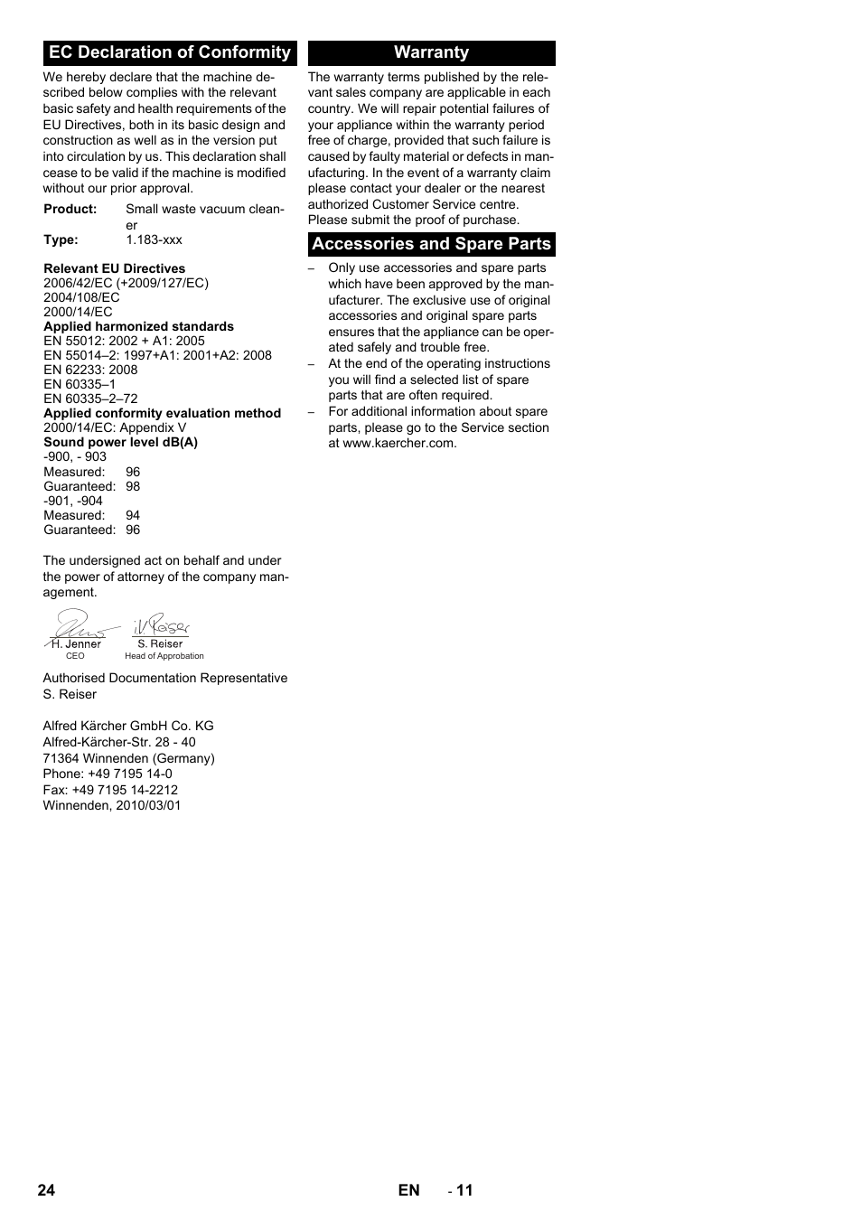 Ec declaration of conformity, Warranty, Accessories and spare parts | Warranty accessories and spare parts | Karcher IC 15-240 W Adv User Manual | Page 24 / 308