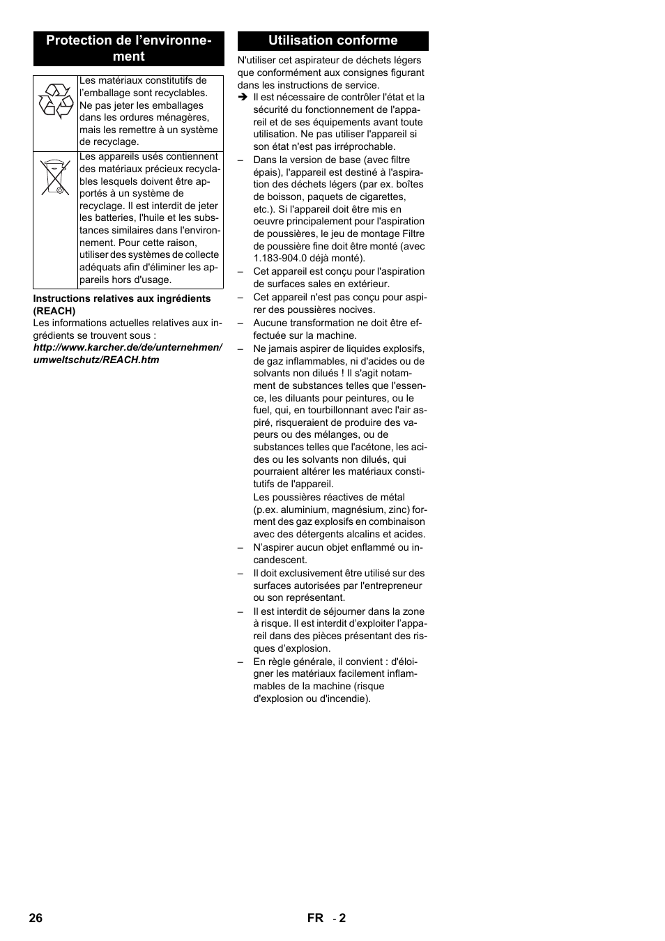 Protection de l’environne- ment, Utilisation conforme | Karcher IC 15-240 W Adv User Manual | Page 26 / 308