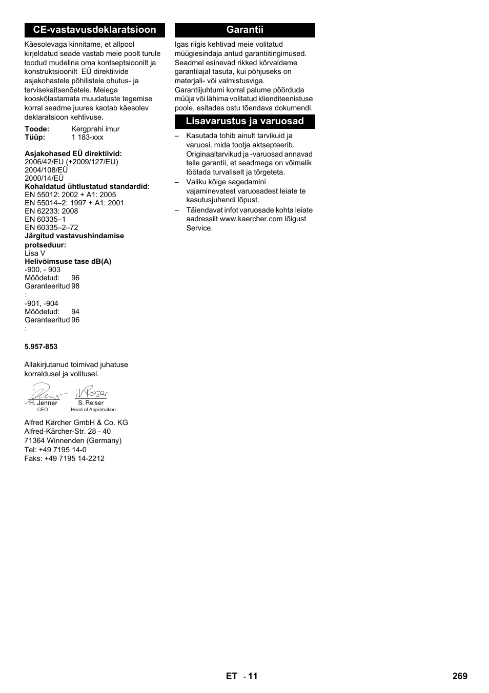 Ce-vastavusdeklaratsioon, Garantii lisavarustus ja varuosad | Karcher IC 15-240 W Adv User Manual | Page 269 / 308