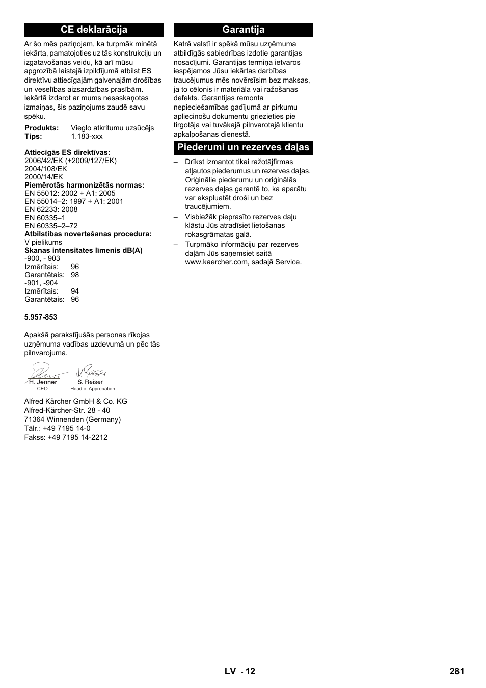 Ce deklarācija, Garantija piederumi un rezerves daļas | Karcher IC 15-240 W Adv User Manual | Page 281 / 308