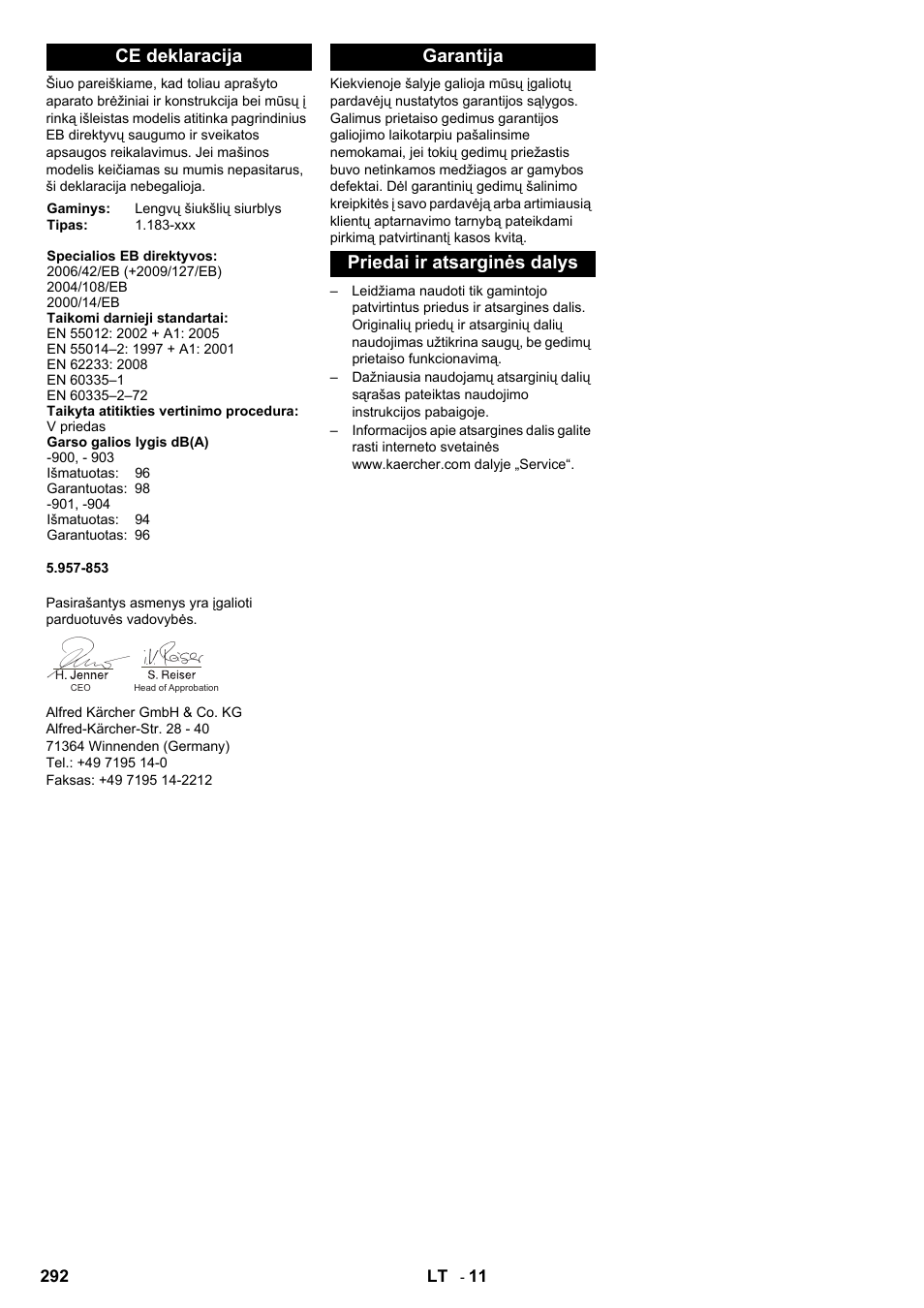 Ce deklaracija, Garantija priedai ir atsarginės dalys | Karcher IC 15-240 W Adv User Manual | Page 292 / 308