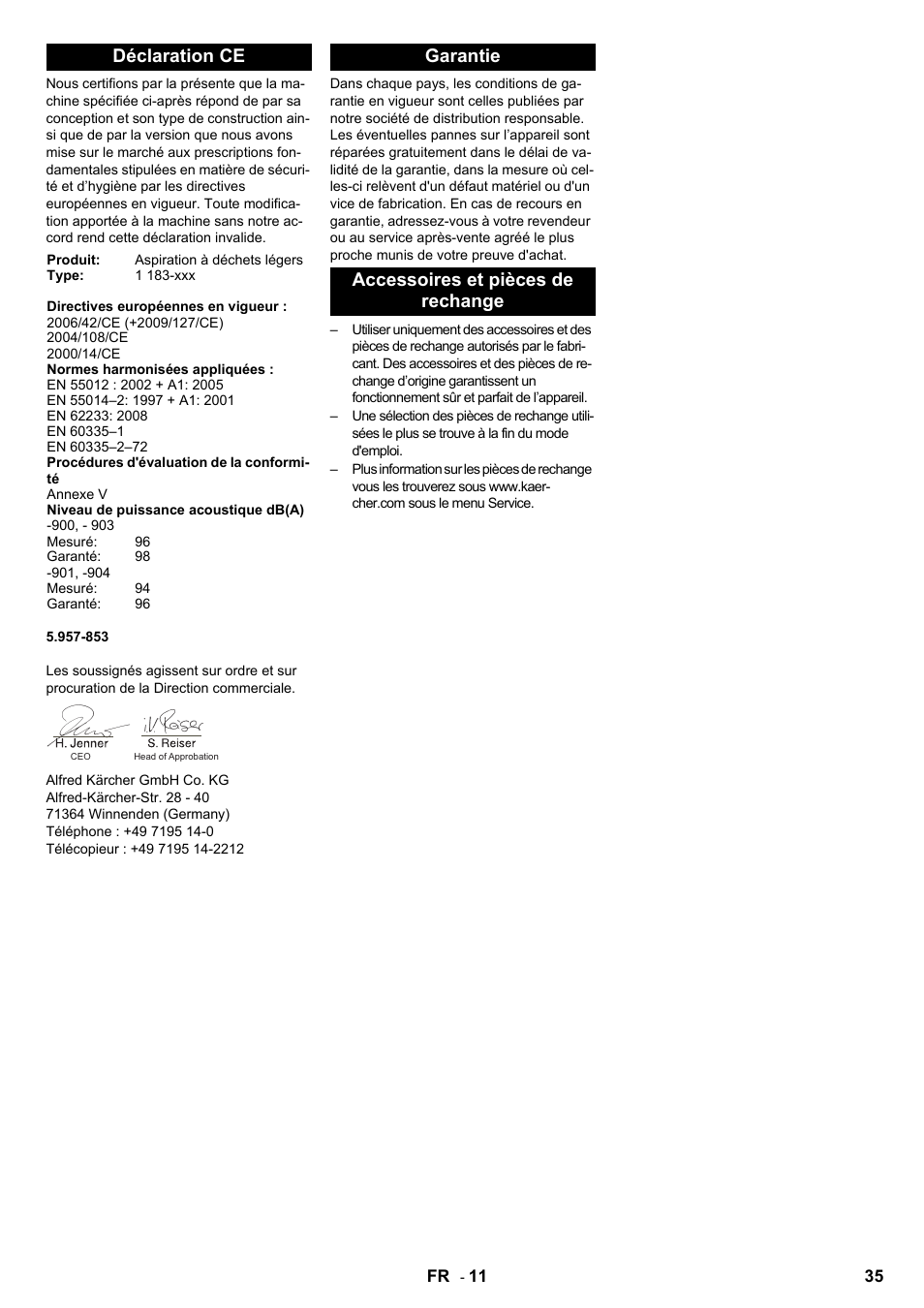 Déclaration ce, Garantie accessoires et pièces de rechange | Karcher IC 15-240 W Adv User Manual | Page 35 / 308