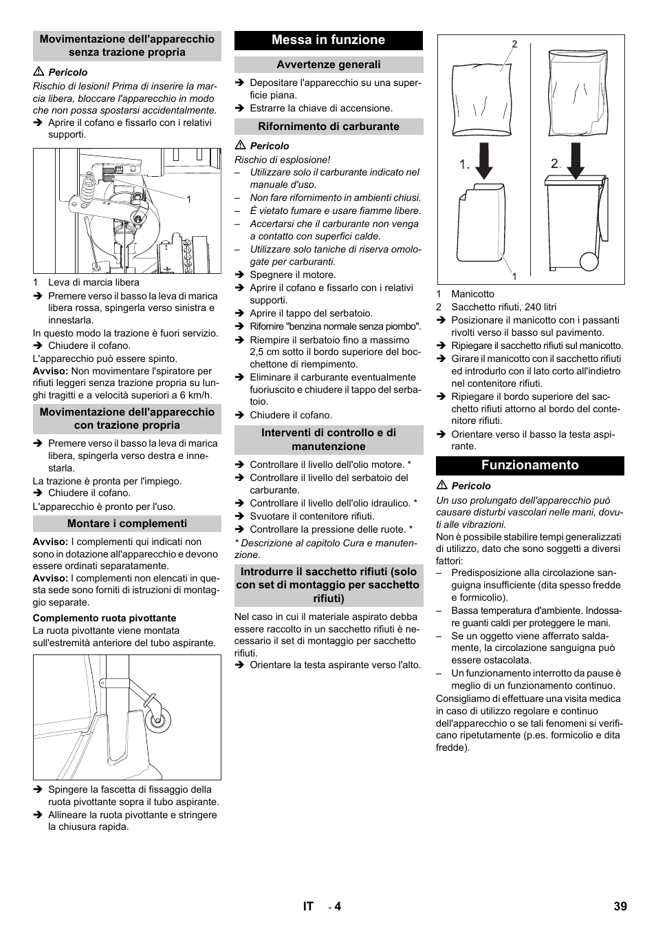 Messa in funzione, Funzionamento | Karcher IC 15-240 W Adv User Manual | Page 39 / 308