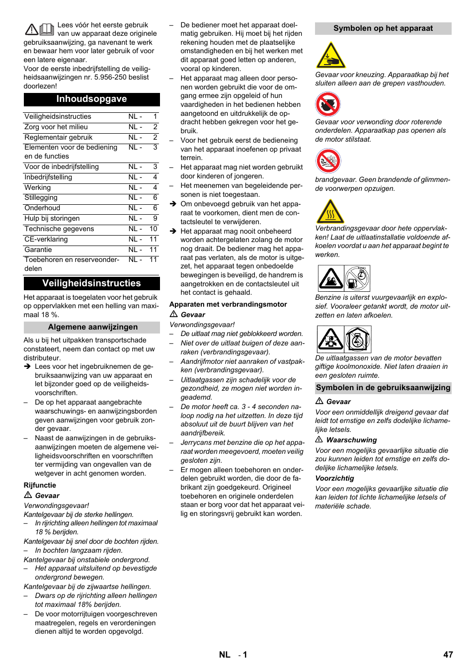 Nederlands, Inhoudsopgave, Veiligheidsinstructies | Karcher IC 15-240 W Adv User Manual | Page 47 / 308