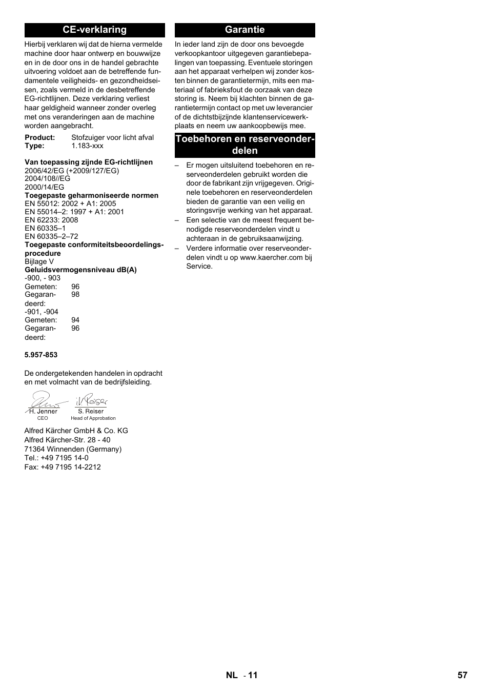 Ce-verklaring, Garantie toebehoren en reserveonder- delen | Karcher IC 15-240 W Adv User Manual | Page 57 / 308