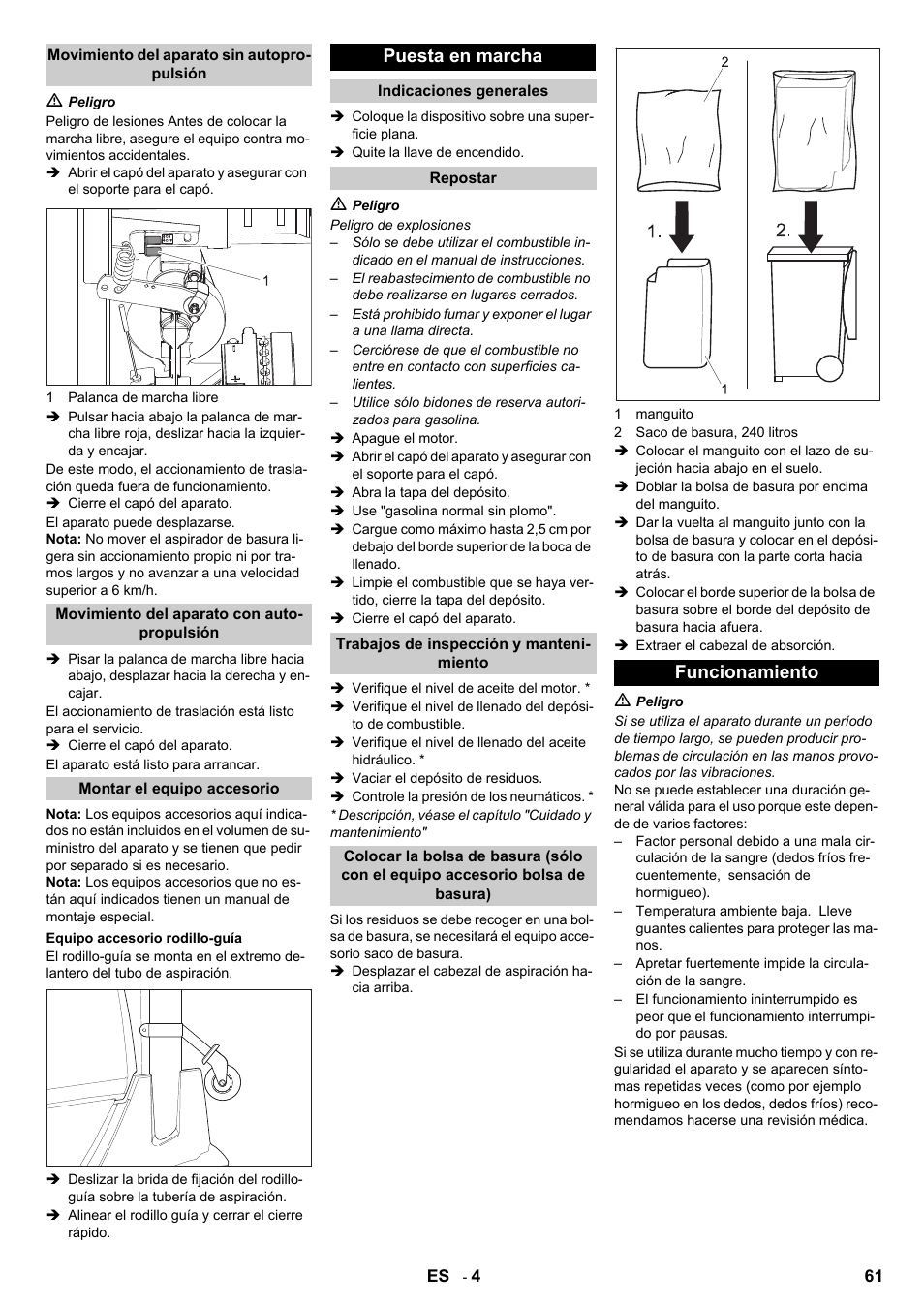Puesta en marcha, Funcionamiento | Karcher IC 15-240 W Adv User Manual | Page 61 / 308