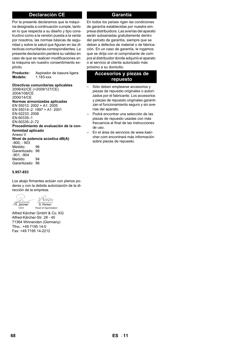 Declaración ce, Garantía accesorios y piezas de repuesto | Karcher IC 15-240 W Adv User Manual | Page 68 / 308