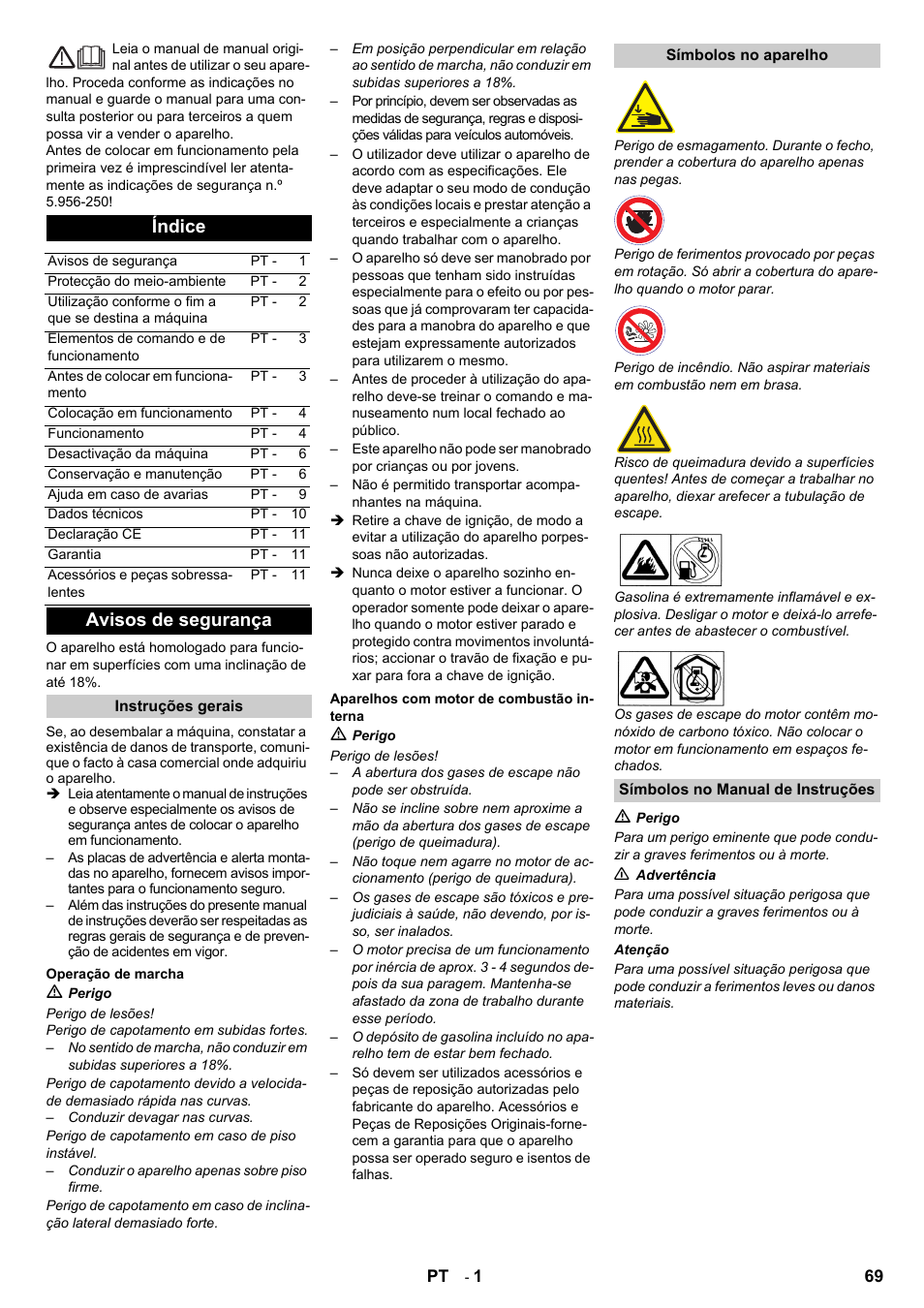 Português, Índice, Avisos de segurança | Karcher IC 15-240 W Adv User Manual | Page 69 / 308