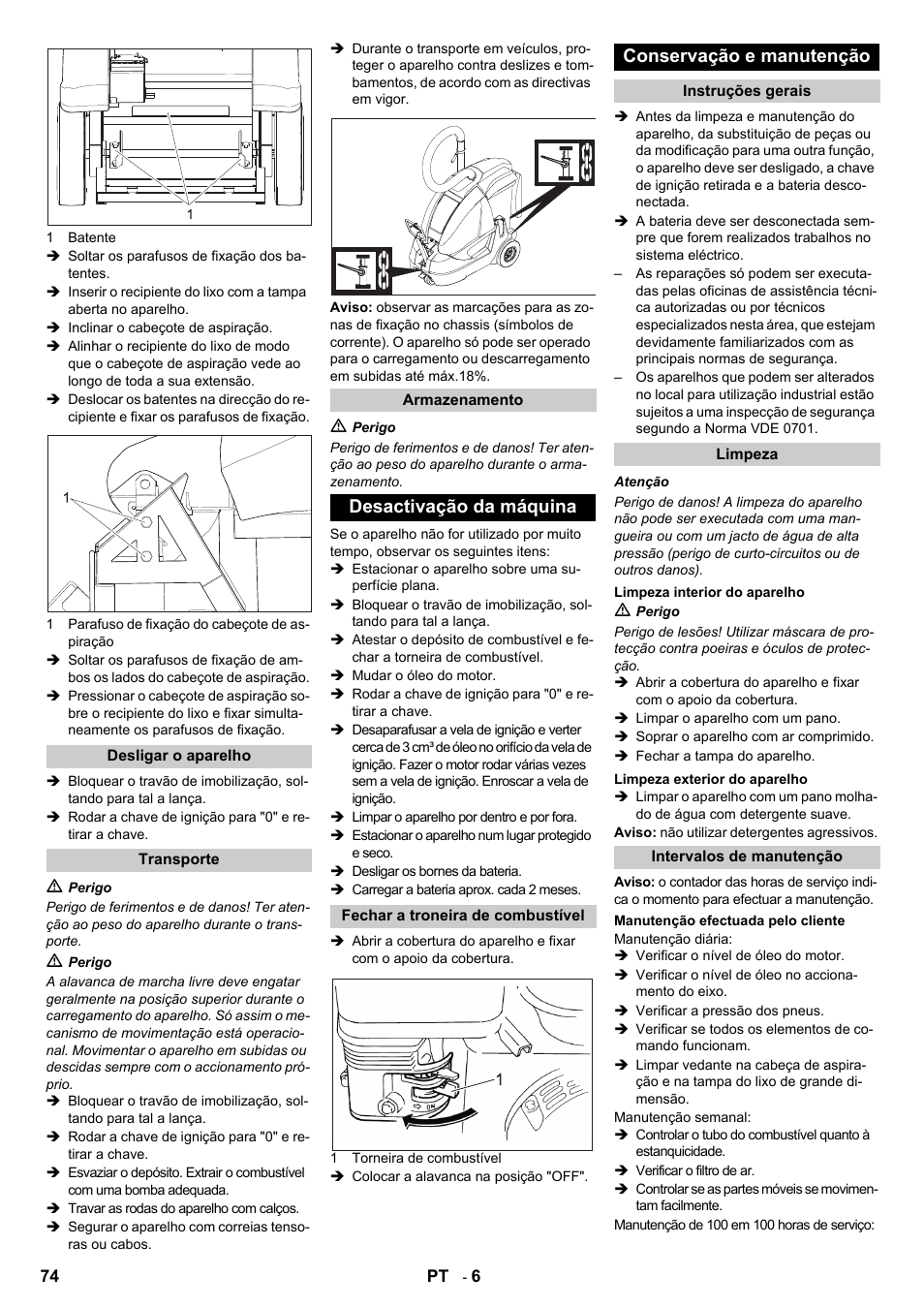 Desactivação da máquina, Conservação e manutenção | Karcher IC 15-240 W Adv User Manual | Page 74 / 308