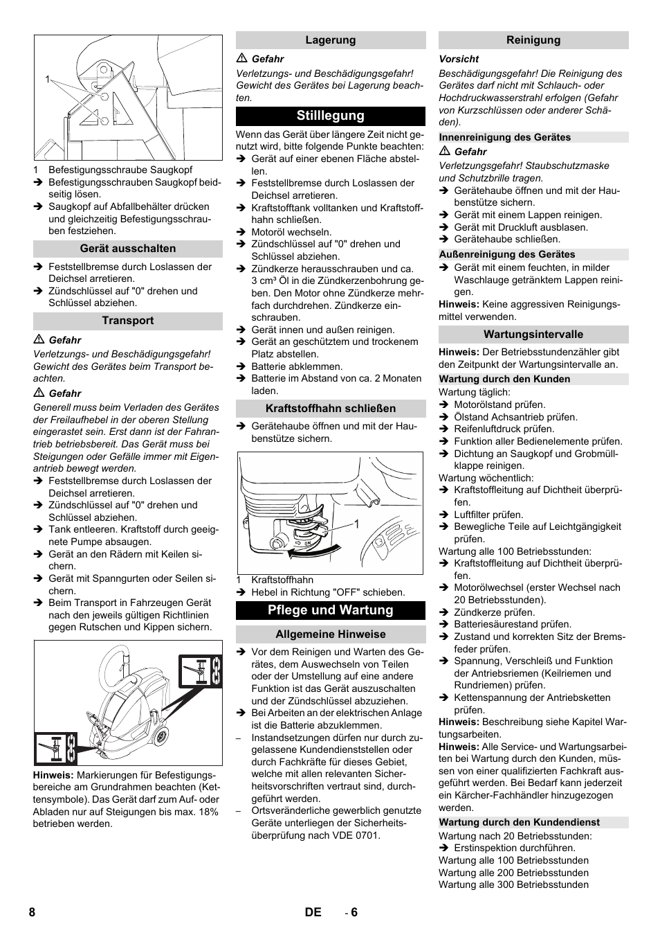 Gerät ausschalten, Transport, Lagerung | Stilllegung, Kraftstoffhahn schließen, Pflege und wartung, Allgemeine hinweise, Reinigung, Innenreinigung des gerätes, Außenreinigung des gerätes | Karcher IC 15-240 W Adv User Manual | Page 8 / 308