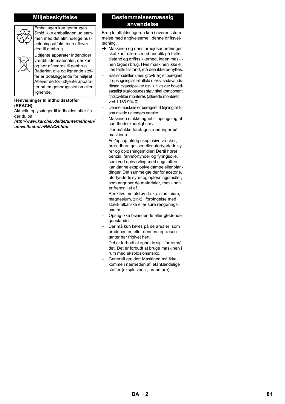 Miljøbeskyttelse, Bestemmelsesmæssig anvendelse | Karcher IC 15-240 W Adv User Manual | Page 81 / 308