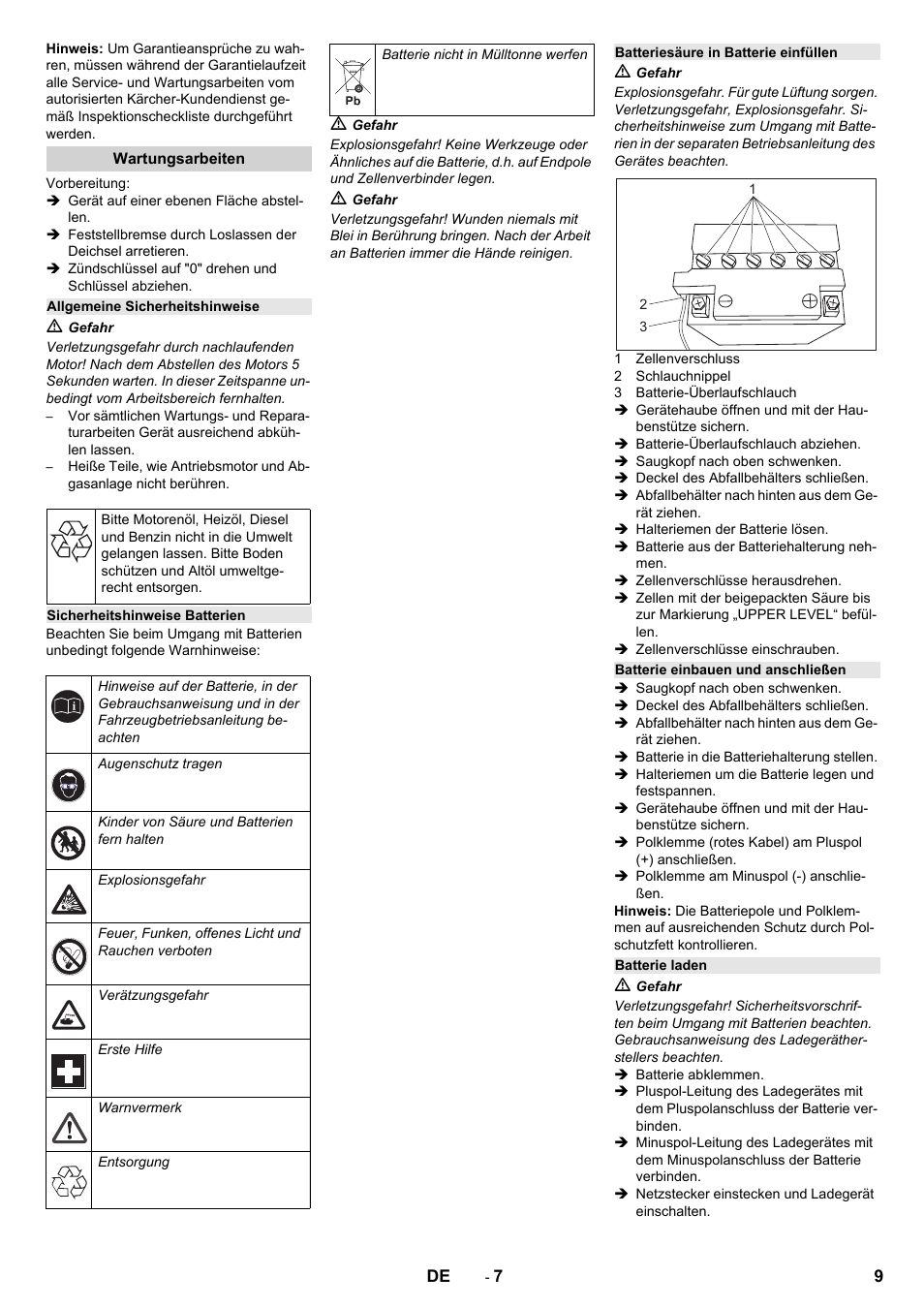 Wartungsarbeiten, Allgemeine sicherheitshinweise, Sicherheitshinweise batterien | Batteriesäure in batterie einfüllen, Batterie einbauen und anschließen, Batterie laden | Karcher IC 15-240 W Adv User Manual | Page 9 / 308