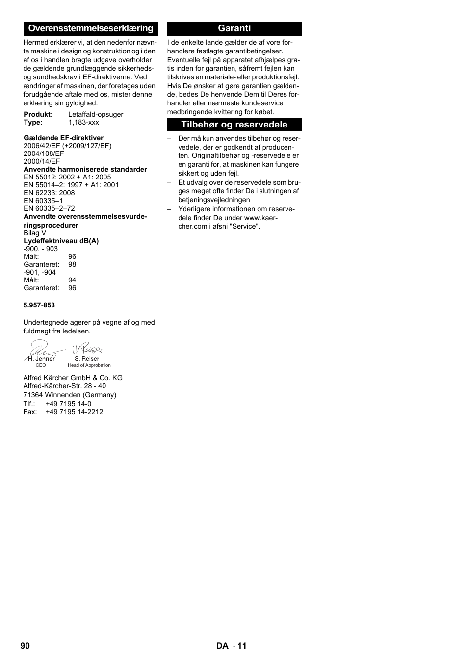 Overensstemmelseserklæring, Garanti tilbehør og reservedele | Karcher IC 15-240 W Adv User Manual | Page 90 / 308