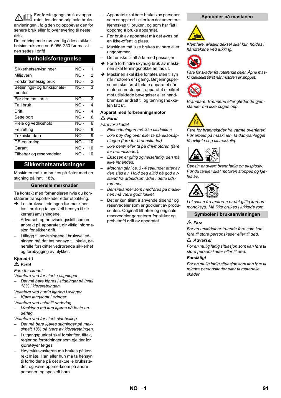 Norsk, Innholdsfortegnelse, Sikkerhetsanvisninger | Karcher IC 15-240 W Adv User Manual | Page 91 / 308