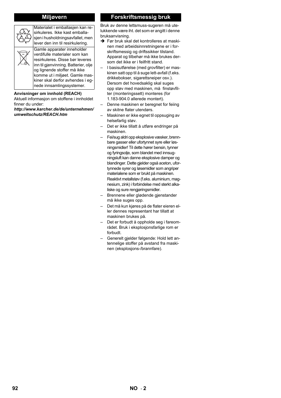 Miljøvern, Forskriftsmessig bruk | Karcher IC 15-240 W Adv User Manual | Page 92 / 308