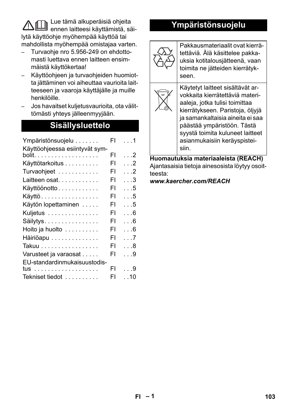 Suomi, Sisällysluettelo, Ympäristönsuojelu | Karcher IV 100-55 User Manual | Page 103 / 280