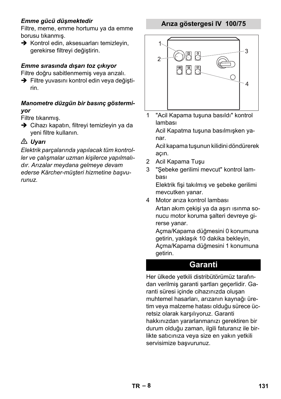 Arıza göstergesi iv 100/75, Garanti | Karcher IV 100-55 User Manual | Page 131 / 280