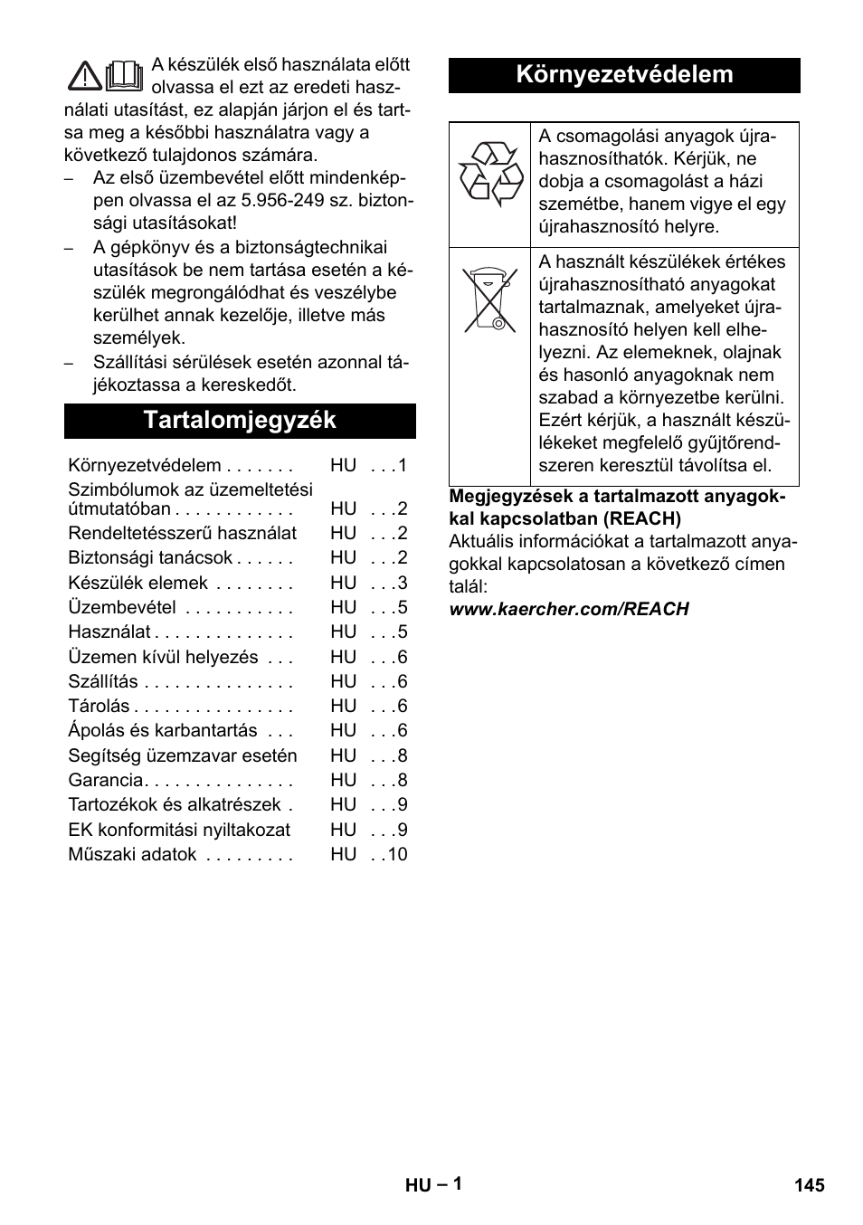 Magyar, Tartalomjegyzék, Környezetvédelem | Karcher IV 100-55 User Manual | Page 145 / 280