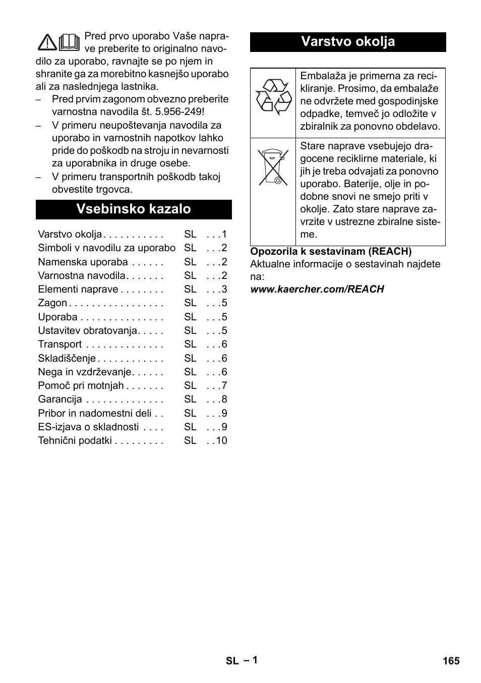 Slovenščina, Vsebinsko kazalo, Varstvo okolja | Karcher IV 100-55 User Manual | Page 165 / 280