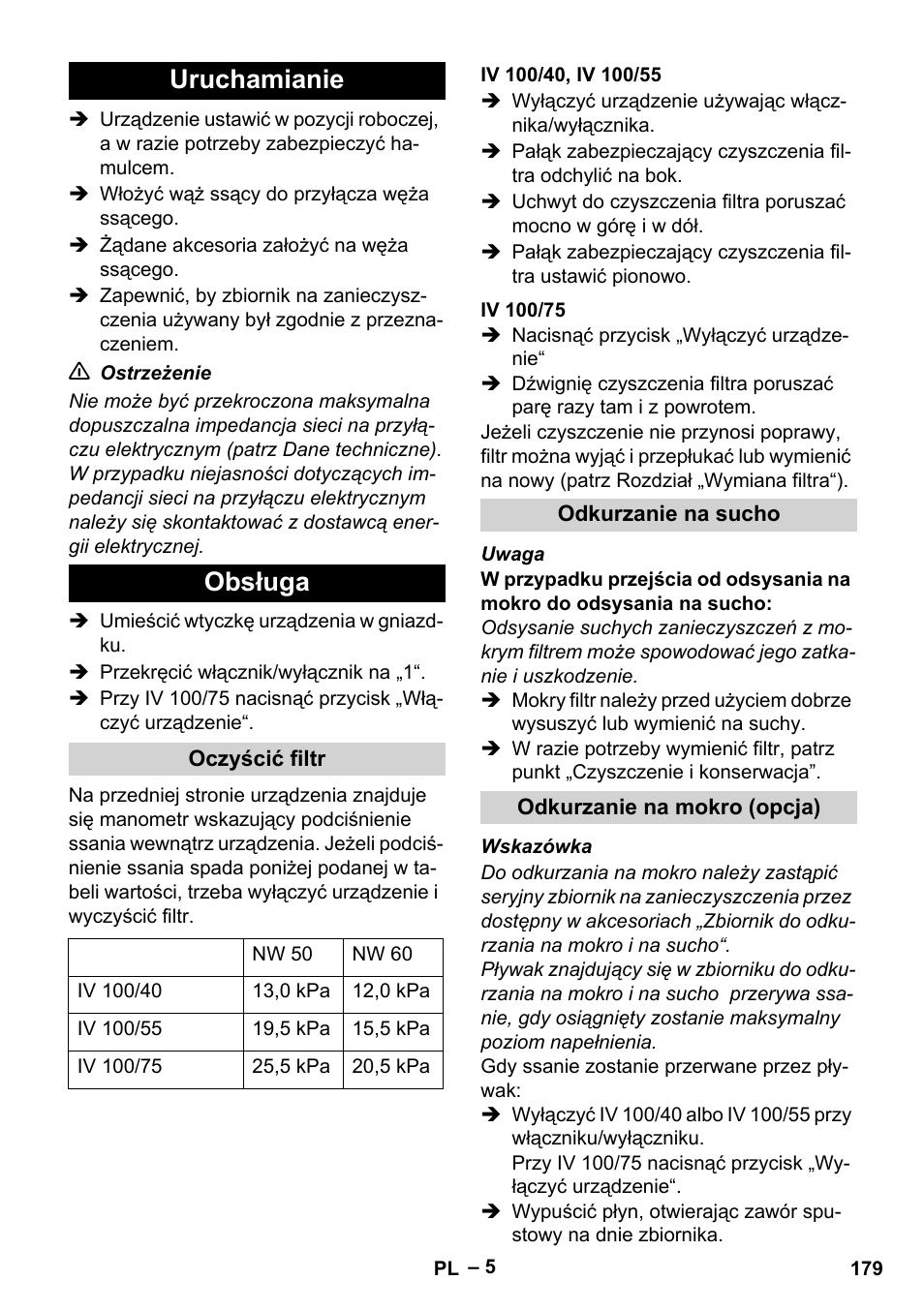 Uruchamianie, Obsługa, Oczyścić filtr | Iv 100/40, iv 100/55, Iv 100/75, Odkurzanie na sucho, Odkurzanie na mokro (opcja), Uruchamianie obsługa | Karcher IV 100-55 User Manual | Page 179 / 280