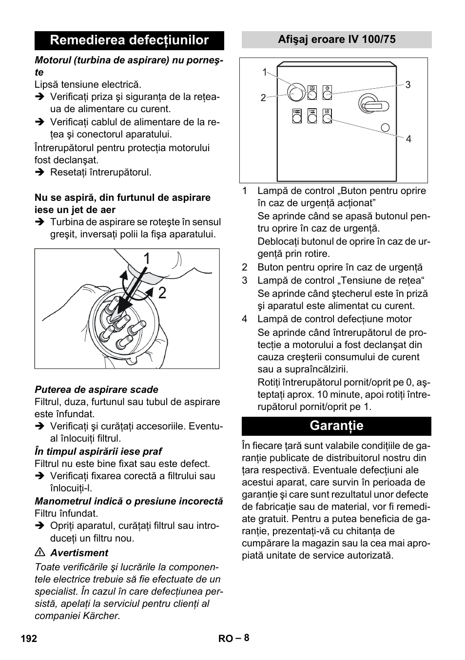 Remedierea defecţiunilor, Afişaj eroare iv 100/75, Garanţie | Karcher IV 100-55 User Manual | Page 192 / 280