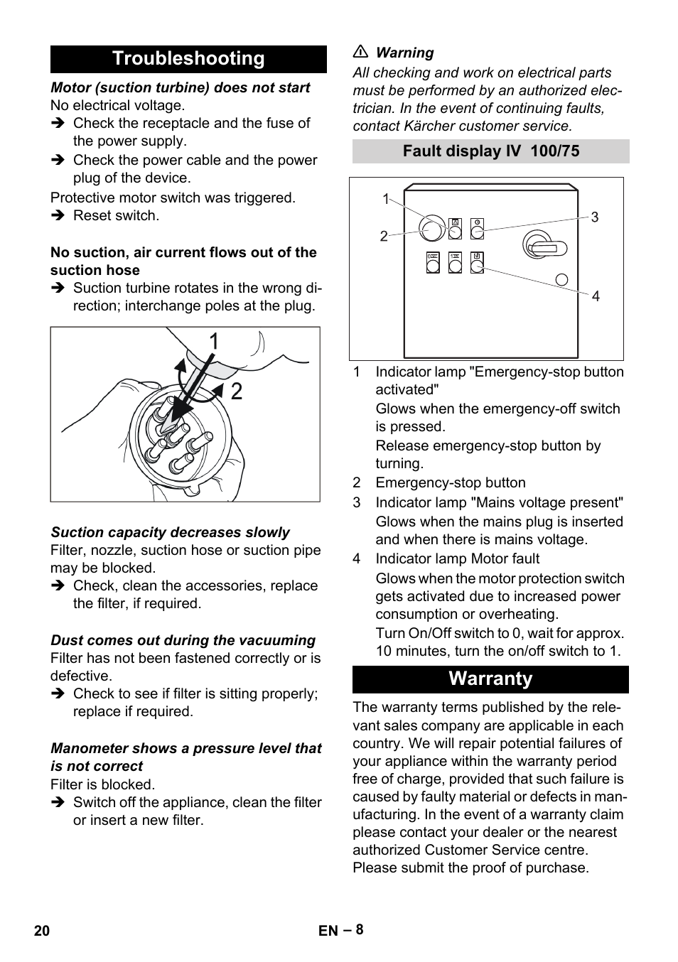 Troubleshooting, Fault display iv 100/75, Warranty | Karcher IV 100-55 User Manual | Page 20 / 280