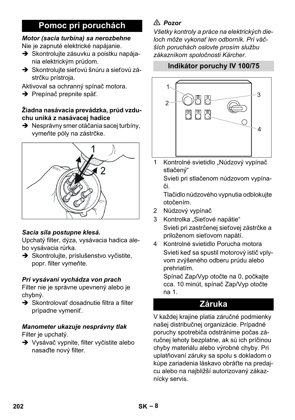 Pomoc pri poruchách, Indikátor poruchy iv 100/75, Záruka | Karcher IV 100-55 User Manual | Page 202 / 280