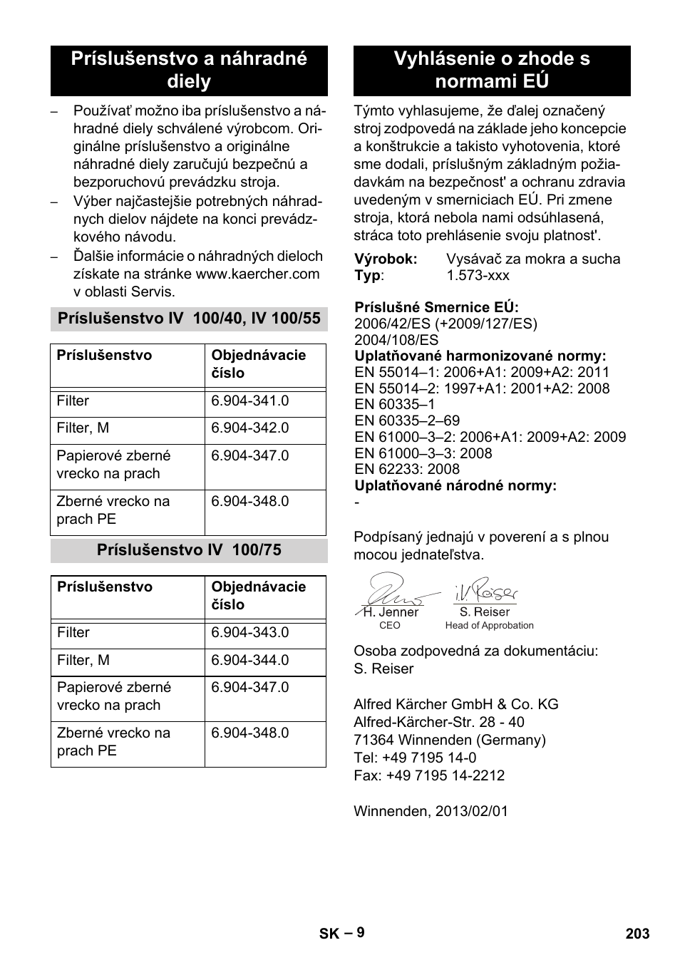 Príslušenstvo a náhradné diely, Príslušenstvo iv 100/40, iv 100/55, Príslušenstvo iv 100/75 | Vyhlásenie o zhode s normami eú | Karcher IV 100-55 User Manual | Page 203 / 280