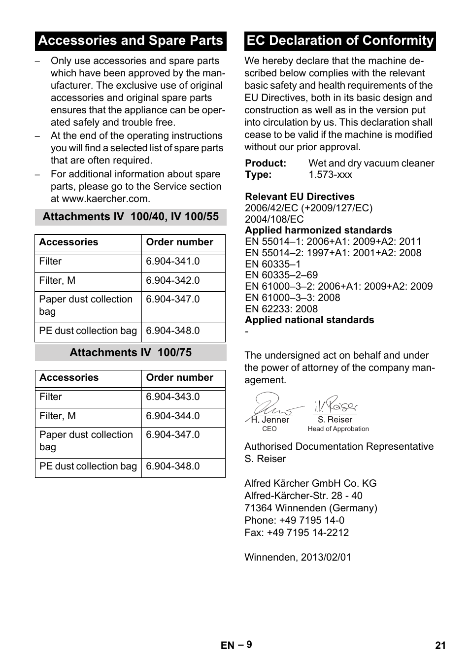 Accessories and spare parts, Attachments iv 100/40, iv 100/55, Attachments iv 100/75 | Ec declaration of conformity | Karcher IV 100-55 User Manual | Page 21 / 280