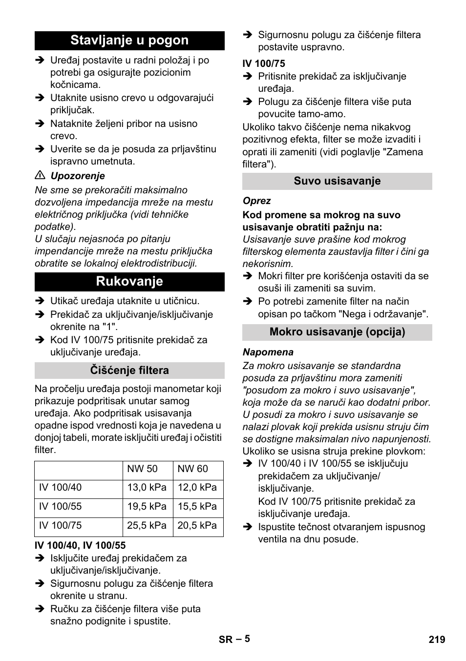 Stavljanje u pogon, Rukovanje, Čišćenje filtera | Iv 100/40, iv 100/55, Iv 100/75, Suvo usisavanje, Mokro usisavanje (opcija), Stavljanje u pogon rukovanje | Karcher IV 100-55 User Manual | Page 219 / 280