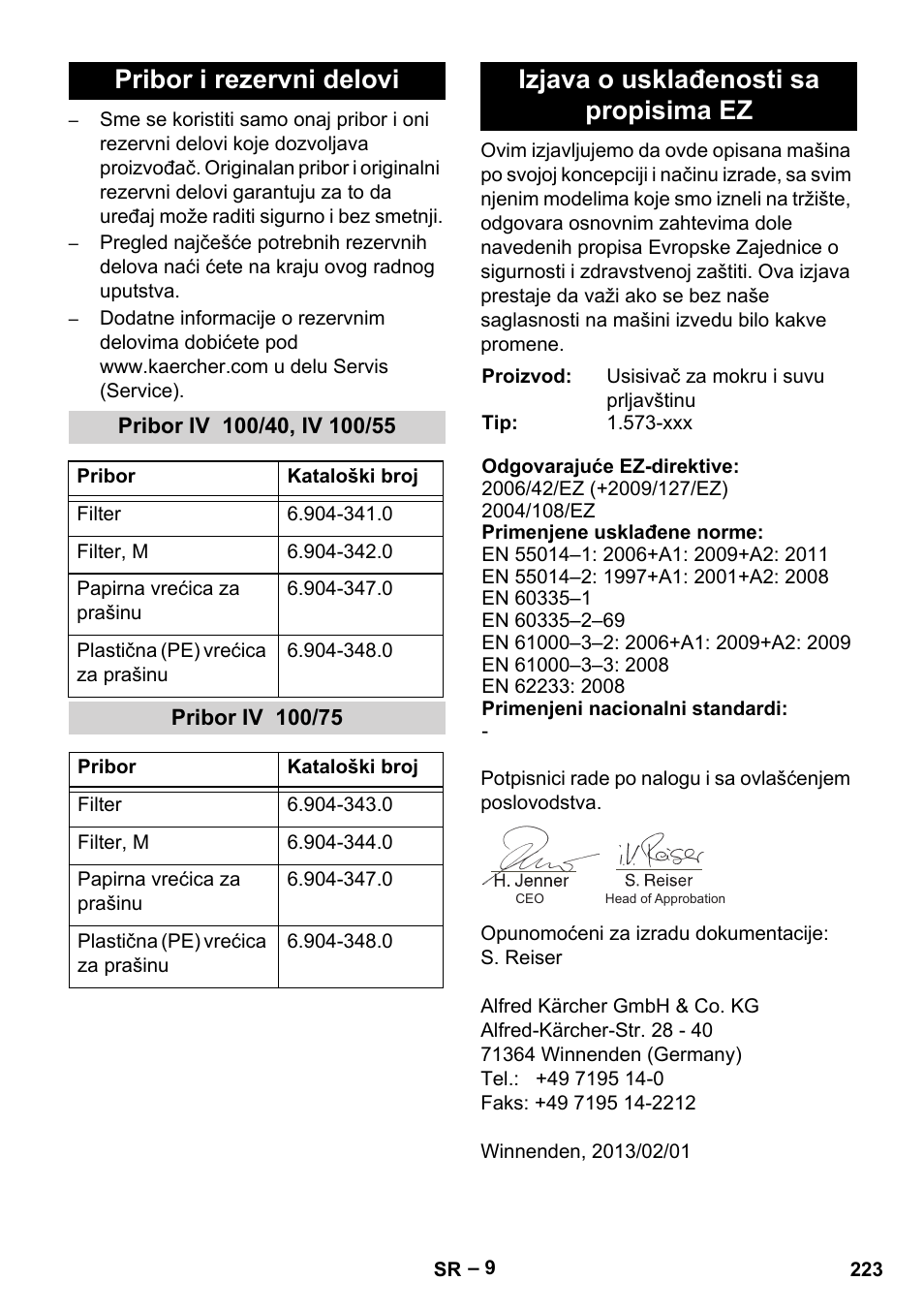 Pribor i rezervni delovi, Pribor iv 100/40, iv 100/55, Pribor iv 100/75 | Izjava o usklađenosti sa propisima ez | Karcher IV 100-55 User Manual | Page 223 / 280