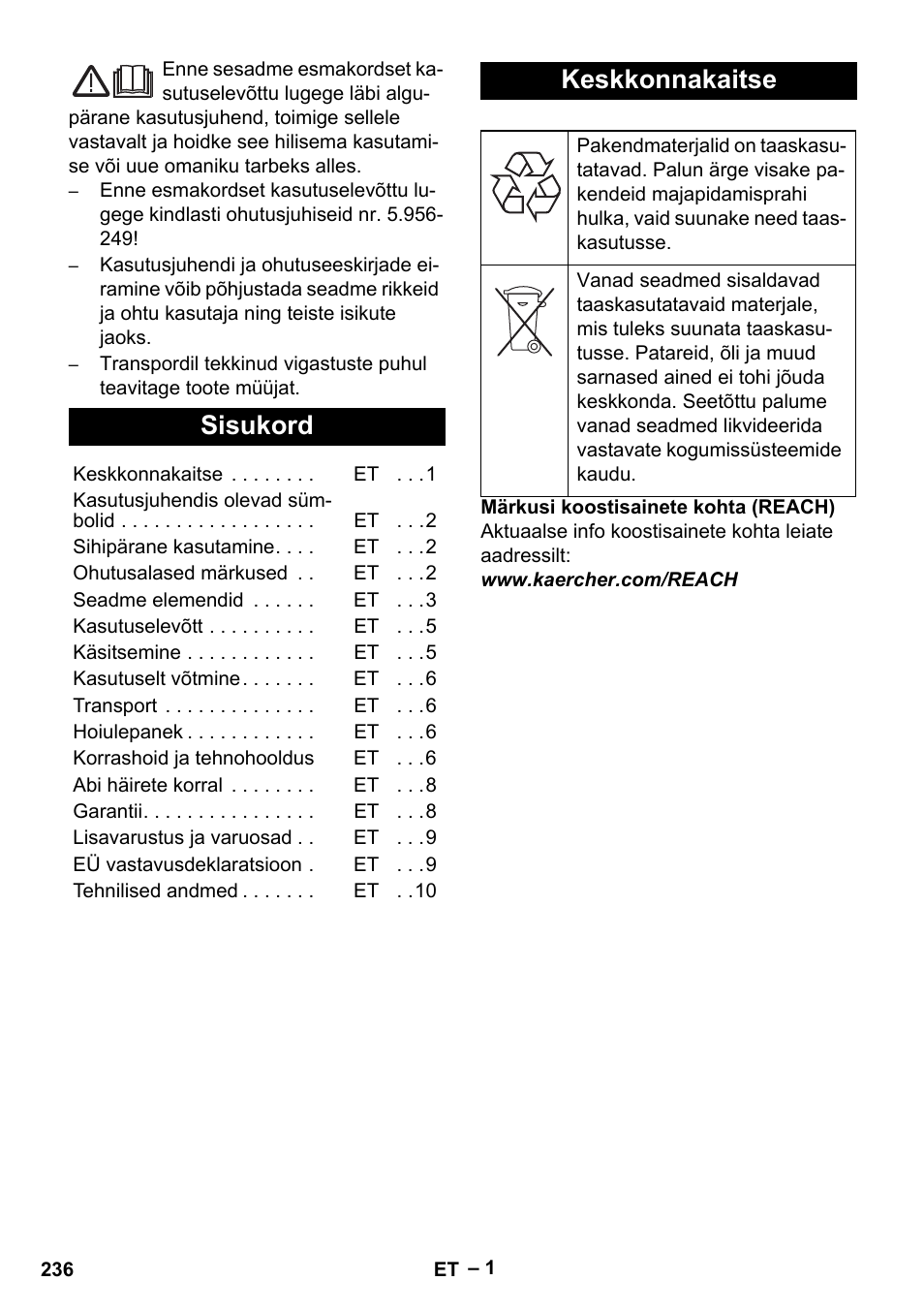 Eesti, Sisukord, Keskkonnakaitse | Karcher IV 100-55 User Manual | Page 236 / 280